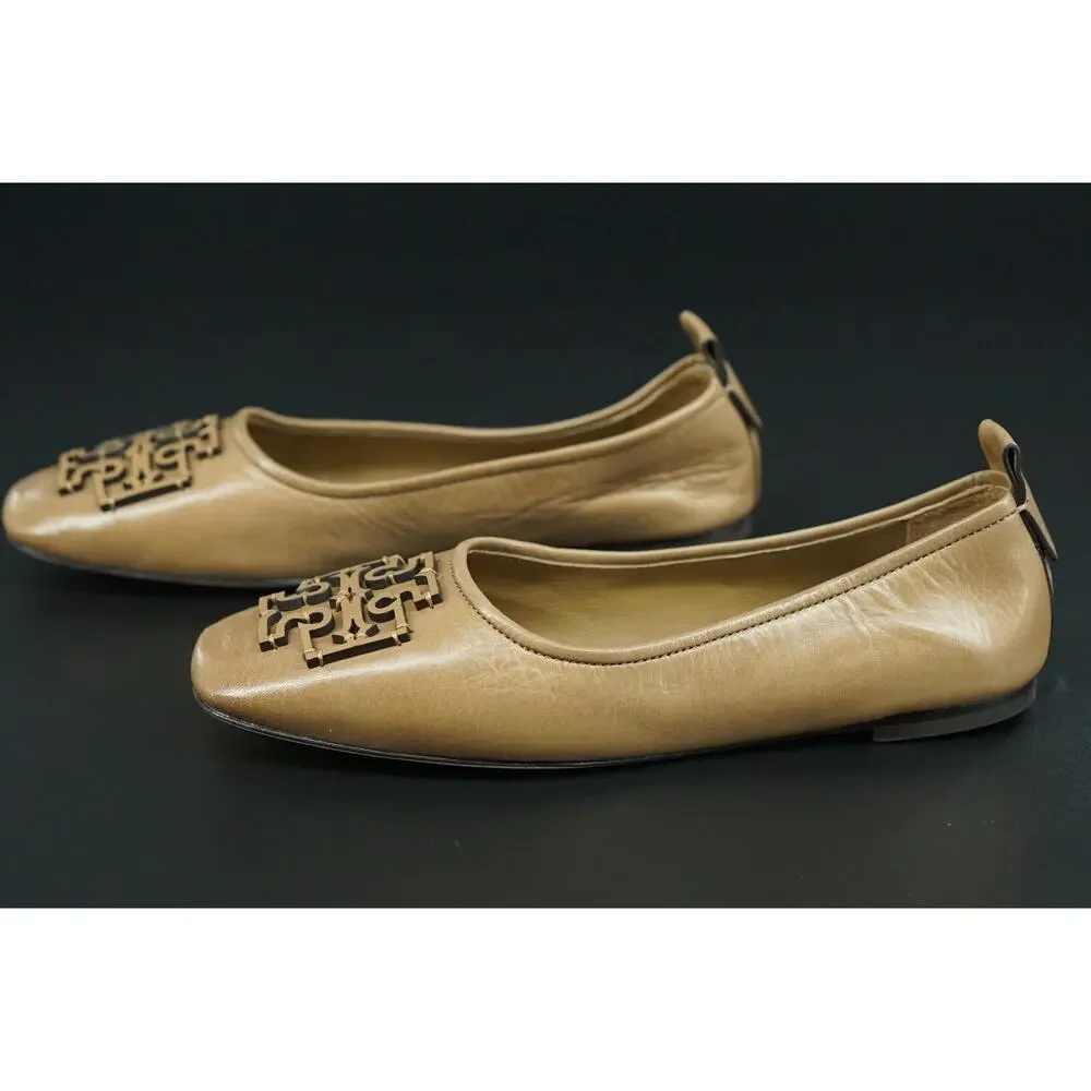 Tory Burch Ines Ballet Flat Leather Size 7.5 Square Toe Logo Tan Almond Rare